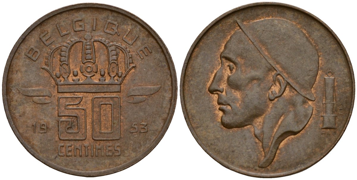 Бельгия 50 сантимов 1953 Belgique, Бодуэн I (1951-1993) KM 148 бронза 4189-856