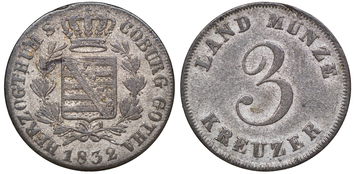 Саксен-Кобург-Гота 3 крейцера 1832 Эрнст I (1826-1844) KM 39, Jaeger 245, AKS 85 серебро    413-6725