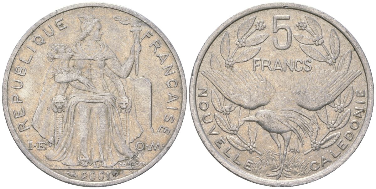 Французская Новая Каледония 5 франков 2001 птица кагу, (IEOM) KM 16, Schoen 12, Lec 81f алюминий 189-441