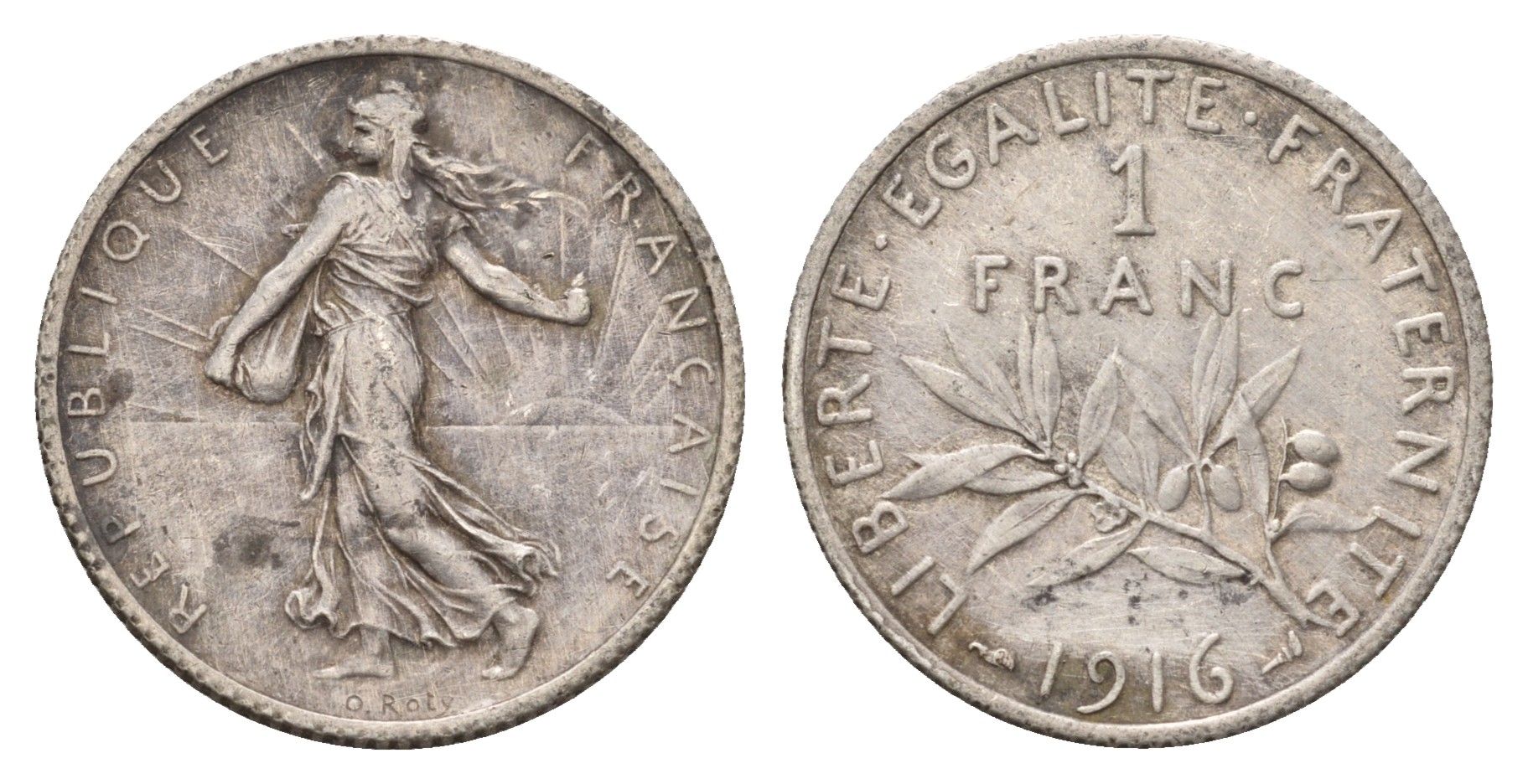 Франция 1 франк 1916 KM 844 серебро 93-244