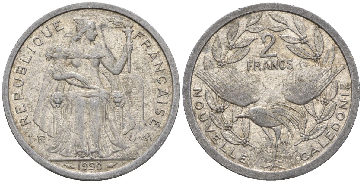 Французская Новая Каледония 2 франка 1990 птица кагу, (IEOM) KM 14, Schoen 11, Lec 66 алюминий    24-1117