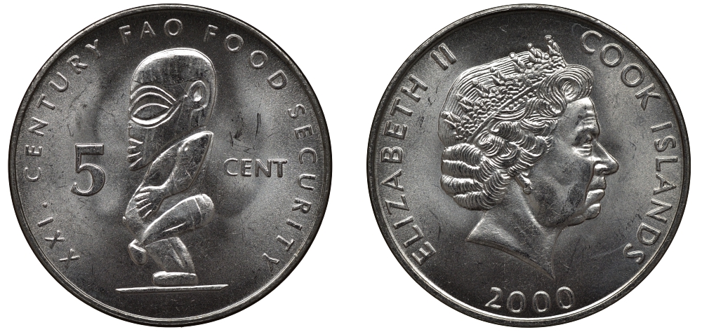 Острова Кука 5 центов 2000 FAO, идол KM 369 сталь плакированная никелем UNC M23-10
