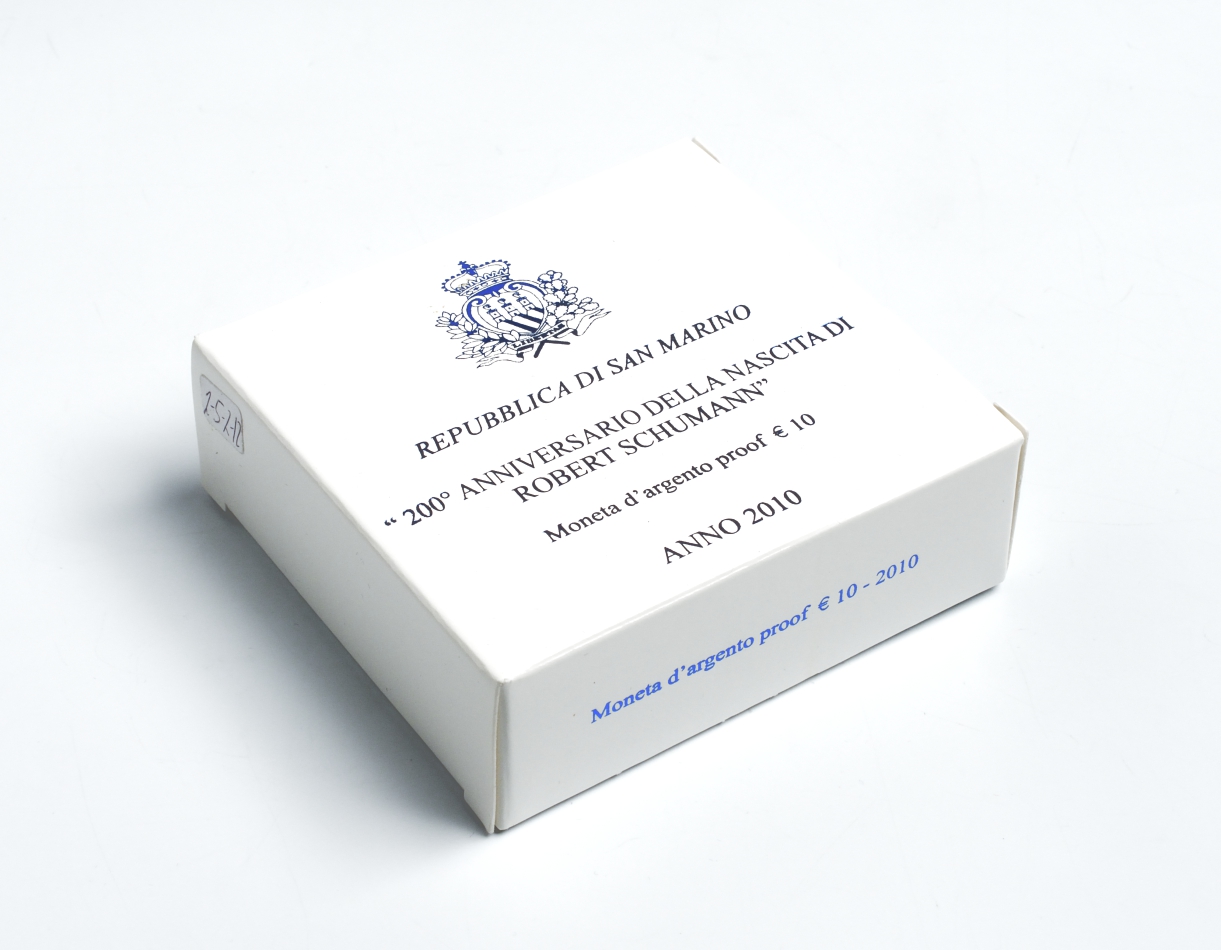Сан-Марино 10 евро 2010 200 лет со дня рождения Роберта Шумана, коробка, сертификат KM NEW серебро PROOF 00-00