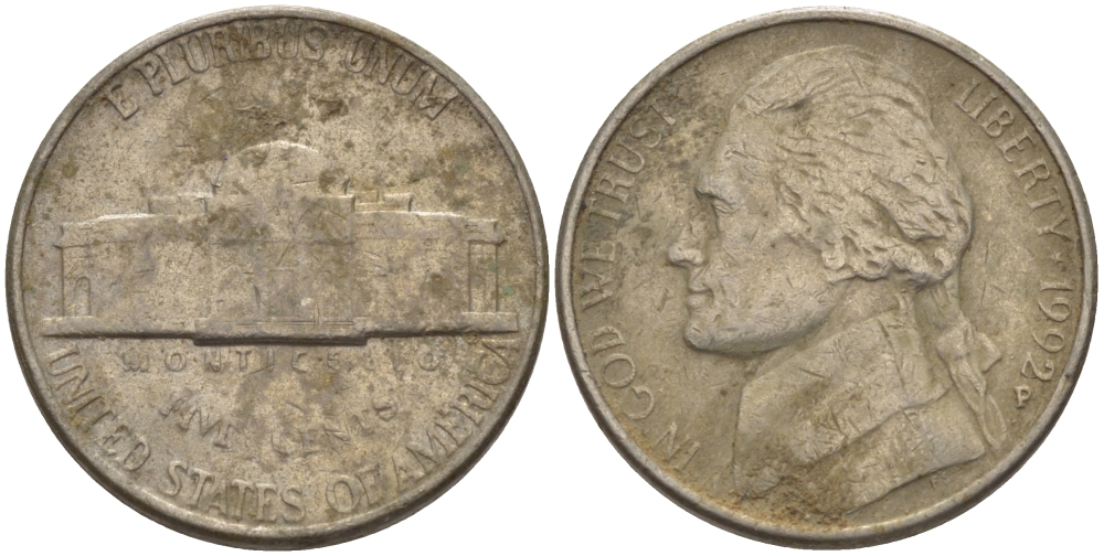 США 5 ЦЕНТОВ 1992 Р, ДЖЕФФЕРСОН KM А192 медно-никель 31-712