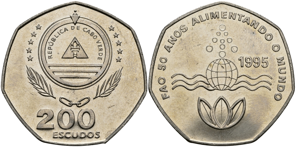 Кабо-Верде 200 эскудо 1995 50 лет FAO KM 34 медно-никель UNC 3333-924