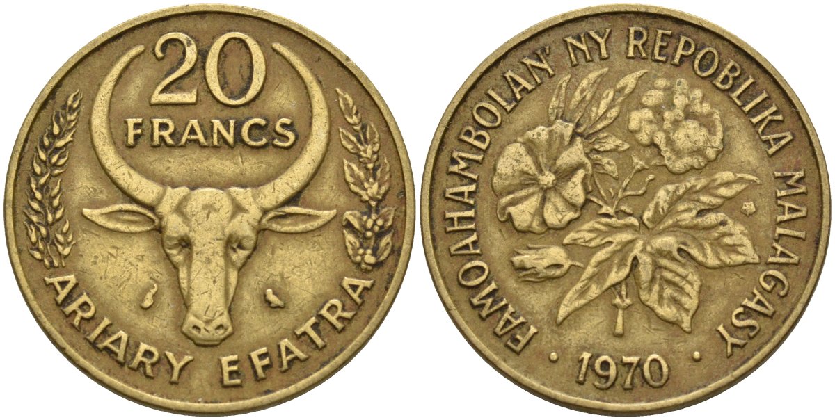Мадагаскар 20 франков 1970 KM 12 алюминиевая бронза 4141-632