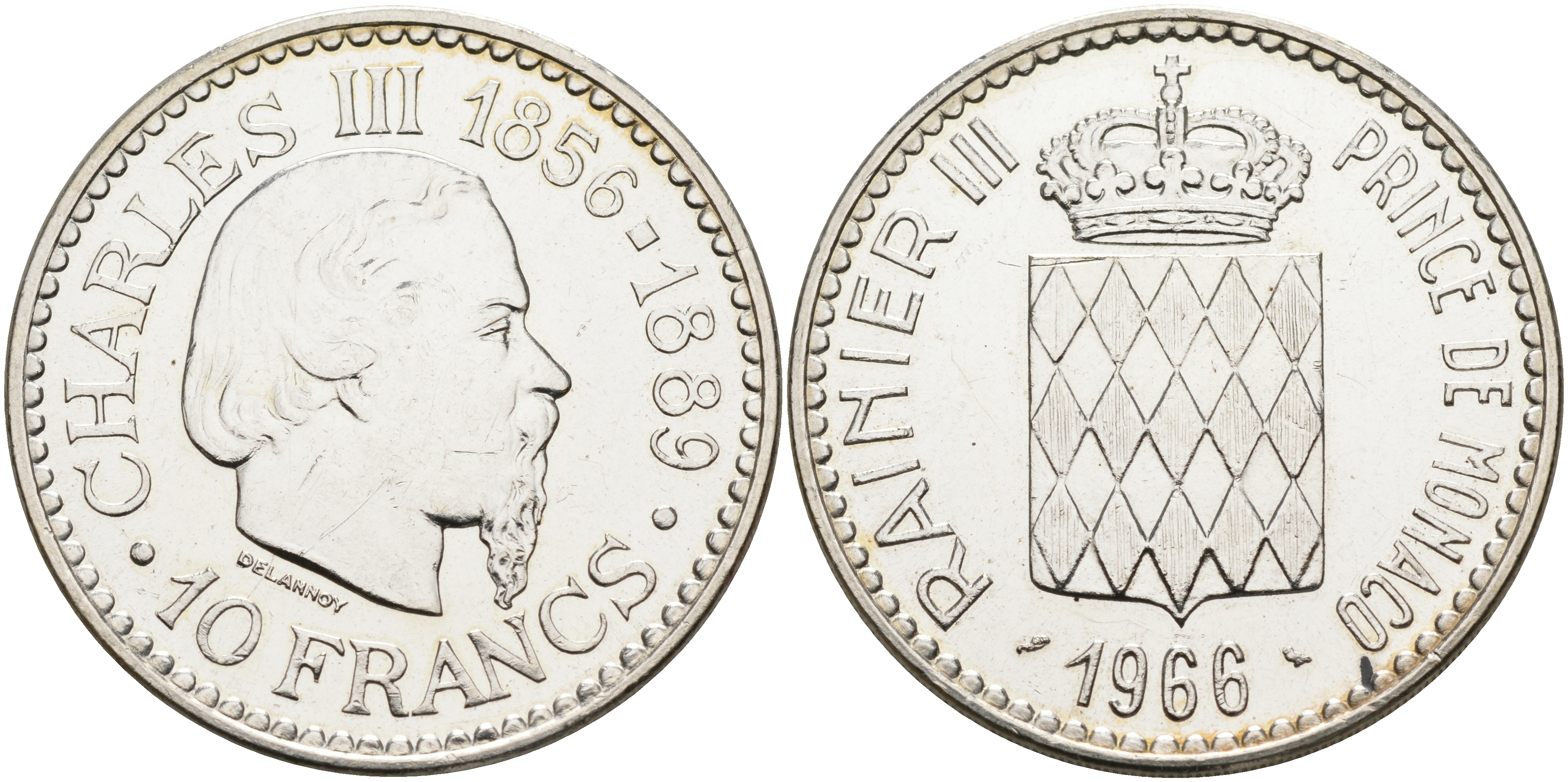 Монако 10 франков 1966 100 лет восхождению на престол Карла III KM 146 серебро UNC 1525-1223