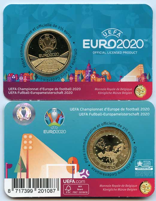 Бельгия 2 1/2 евро 2021 Чемпионат Европы по Футболу в 2020 году, в оригинальном буклете KM NEW латунь UNC 4-3-4-14