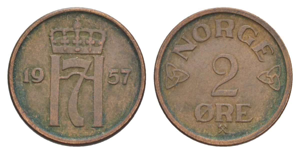 Норвегия 2 эре 1957 Хокон VII (1905-1957) KM 399 бронза 4635-332