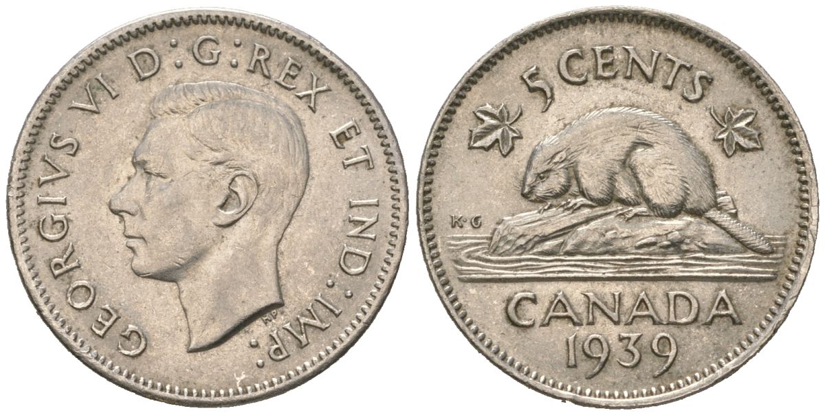 Канада 5 центов 1939 Георг VI (1936-1952), бобр KM 33 никель 4364-3041