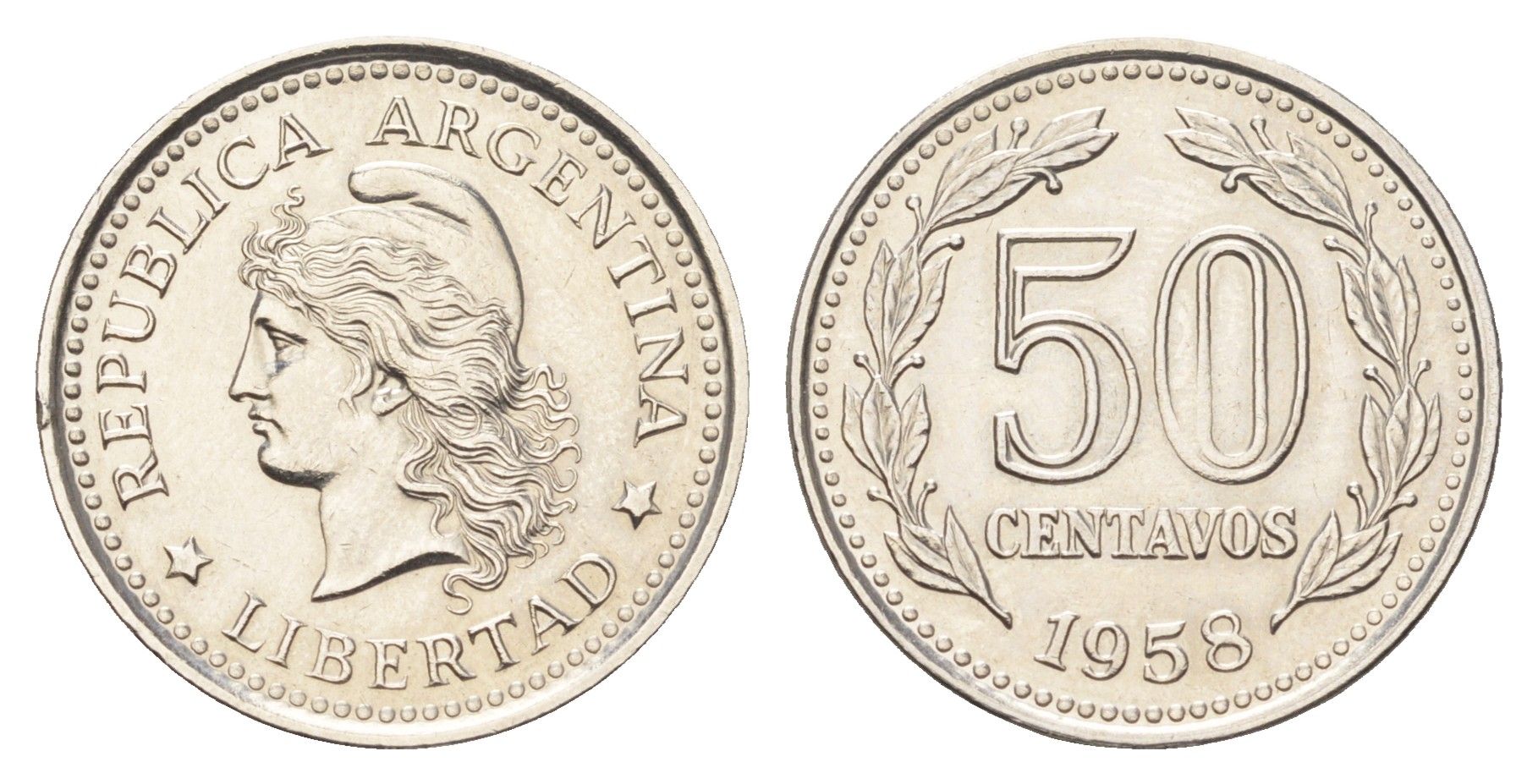 Аргентина 50 сентаво 1958 KM 56 сталь плакированная никелем UNC 4662-721