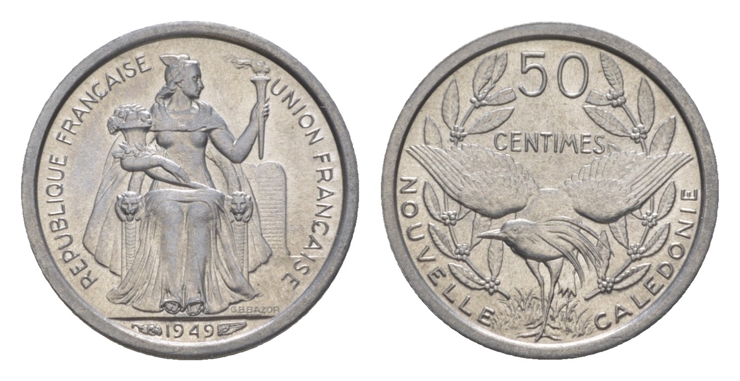 Французская Новая Каледония 50 сантимов 1949 птица кагу, заморские территории KM 1 алюминий  aUNC  4640-861