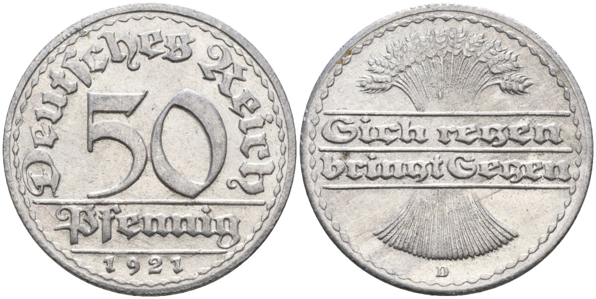 Германия 50 пфеннигов 1921 D KM 27, J.301, Weege 10 алюминий UNC 4584-737