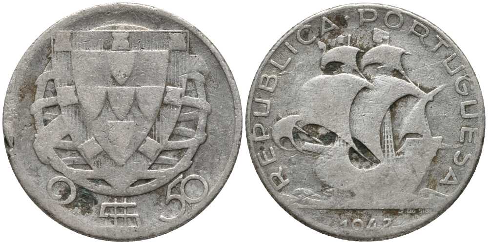 Португалия 2,50 эскудо 1942 парусник КМ 580 серебро 202-354