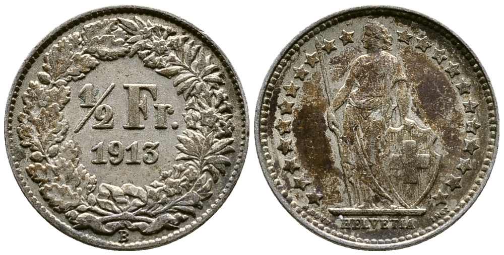 Швейцария 1/2 франка 1913 В KM 23 серебро 46-936