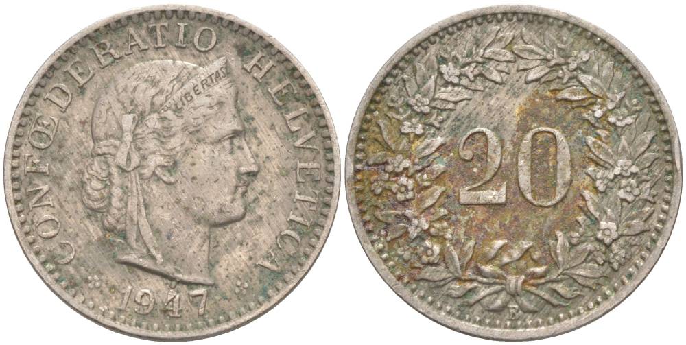 ШВЕЙЦАРИЯ 20 РАППЕНОВ 1947 В KM 29a медно-никель 55-724