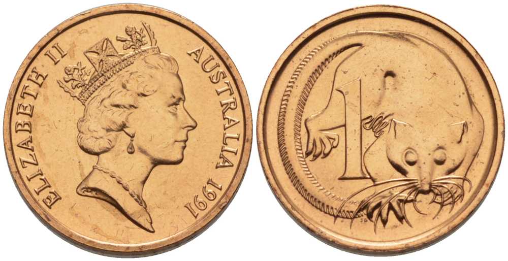 АВСТРАЛИЯ 1 ЦЕНТ 1991 ЕЛИЗАВЕТА II, ВТОРОЙ ПОРТРЕТ В КОРОНЕ, ОПОССУМ KM 78 бронза UNC 100-1117