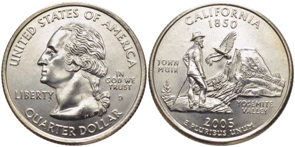 США 25 центов = квотер 2005 D, серия штаты США, Калифорния KM 370 медь плакированная медно-никелем UNC M50-08