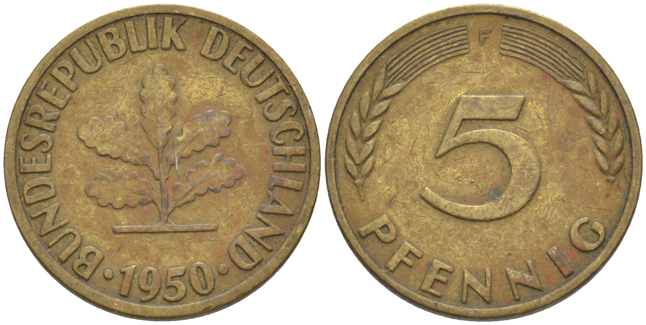 ФРГ 5 пфеннигов 1950 F KM 107, J. 382 сталь плакированная латунью 55-1246