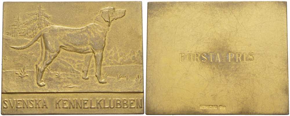 ШВЕЦИЯ ПЛАКЕТКА ND ЗА ПЕРВОЕ МЕСТО НА ВЫСТАВКЕ СОБАК, ШВЕДСКИЙ КИНОЛОГИЧЕСКИЙ КЛУБ, РАЗМЕР 56Х45 ММ., ВЕС 51 ГР. жёлтый металл 1084-1-21