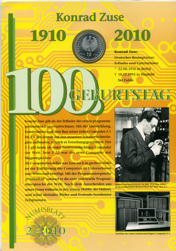 ФРГ 10 евро + блок марок 2010 G, 100 лет СО ДНЯ РОЖДЕНИЯ КОНРАДА ЦУЗЕ (1910-2010) ПИОНЕРА НЕМЕЦКОГО КОМПЬЮТЕРОСТРОЕНИЯ, официальный буклет немецкой почты (DEUTSCHE POST), с марками первого дня гашения 10.06.2010    UNC  14-01-03-01