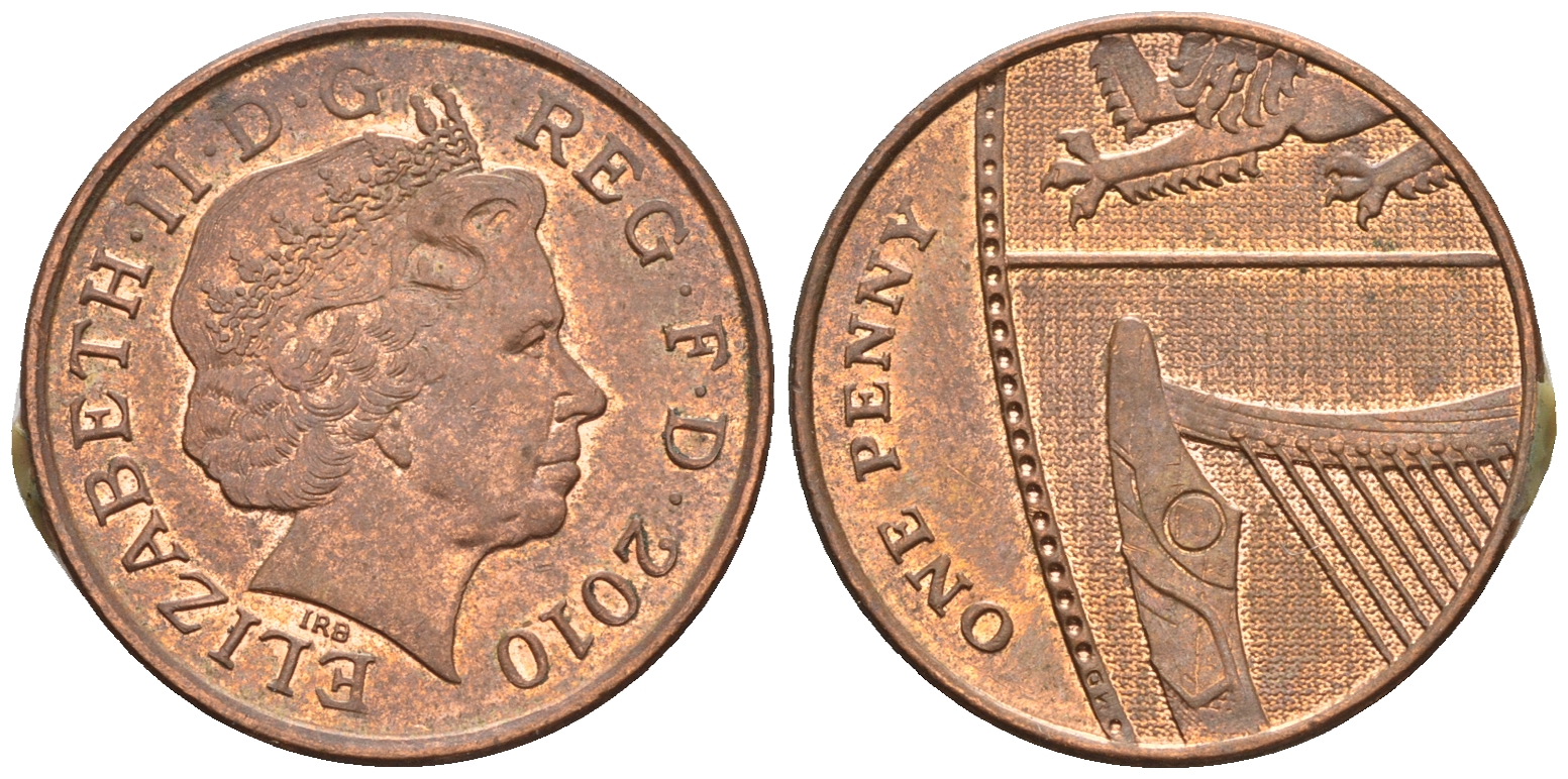 Великобритания 1 пенни 2010 Елизавета II (1952-2022) KM 1107, Spink B6 сталь плакированная медью 4609-729