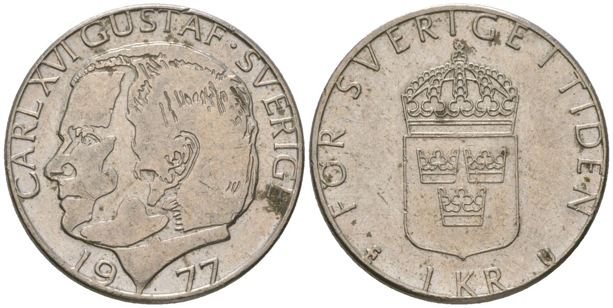 Швеция 1 крона 1977 U, Карл XVI Густав (1973-) KM 852 медь плакированная медно-никелем aUNC 4616-951