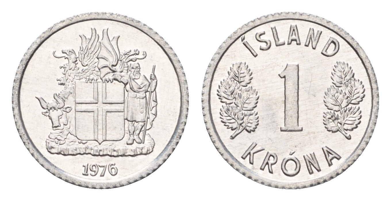 Исландия 1 крона 1976 KM 23 алюминий UNC 4687-763