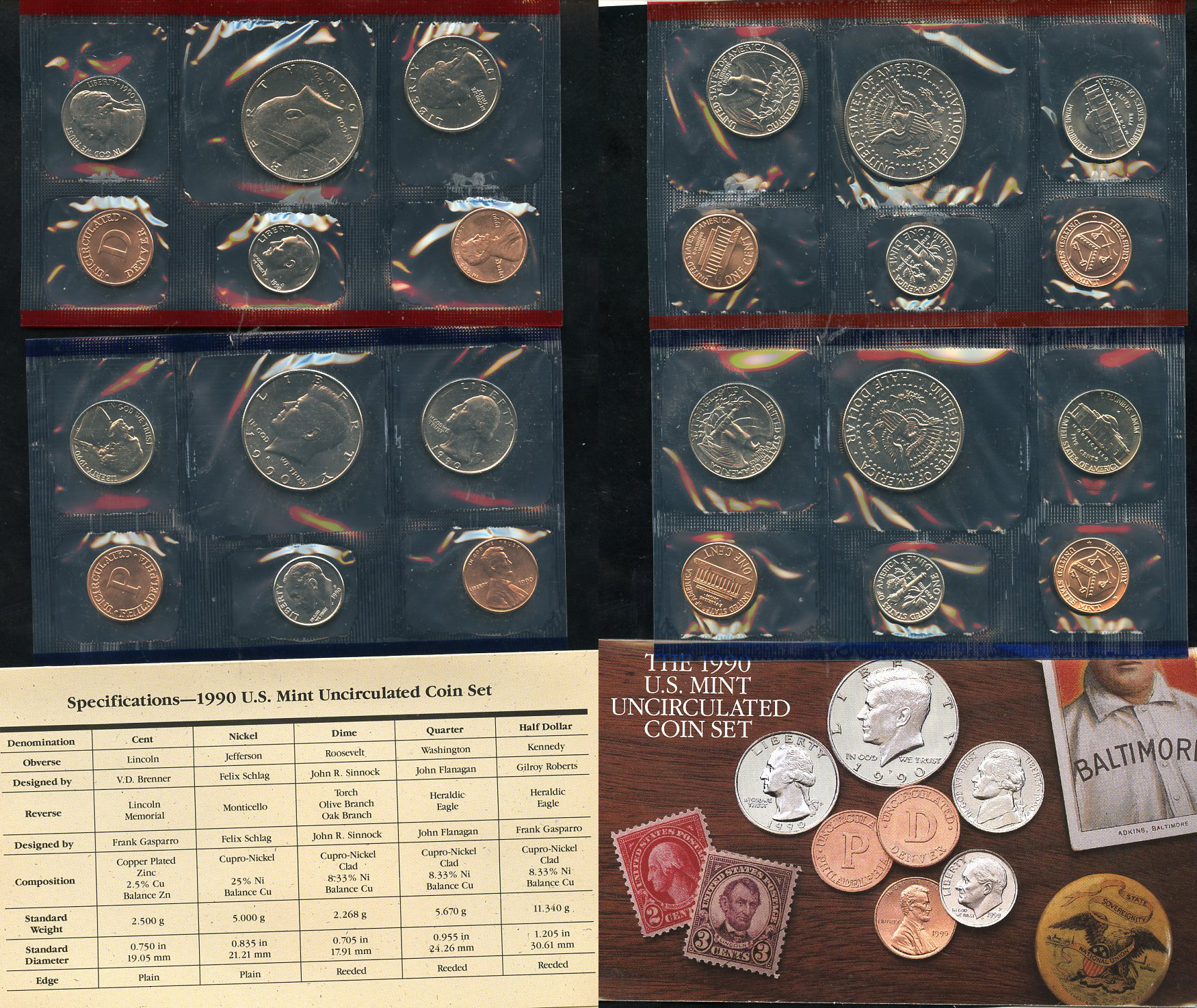 США официальные наборы из 10 монет и 2 жетонов монетного двора 1990 D, P, Джон Кеннеди KM MS 154   UNC  8-2-01-02