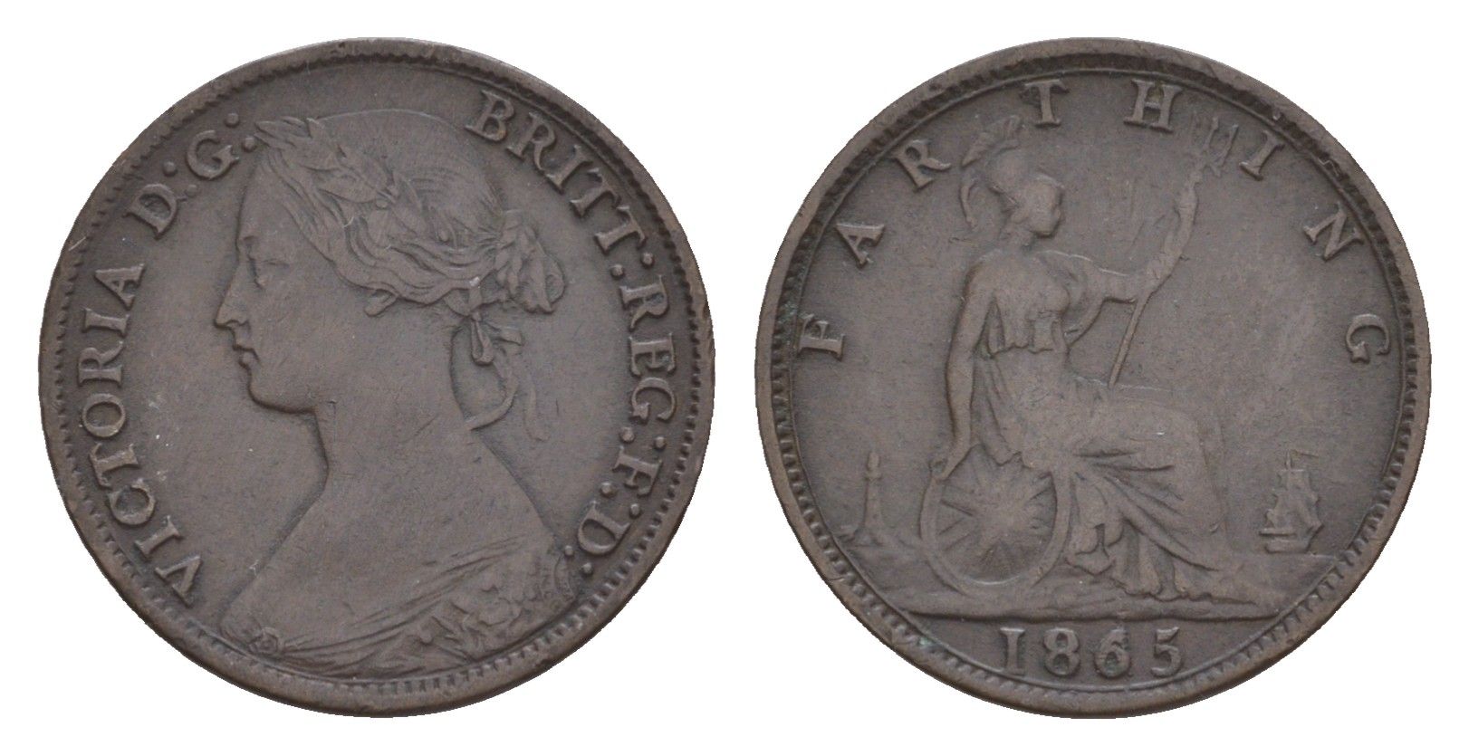 Великобритания 1 фартинг 1865 Виктория (1837-1901) KM 747.2, Spink 3958 бронза 4658-919