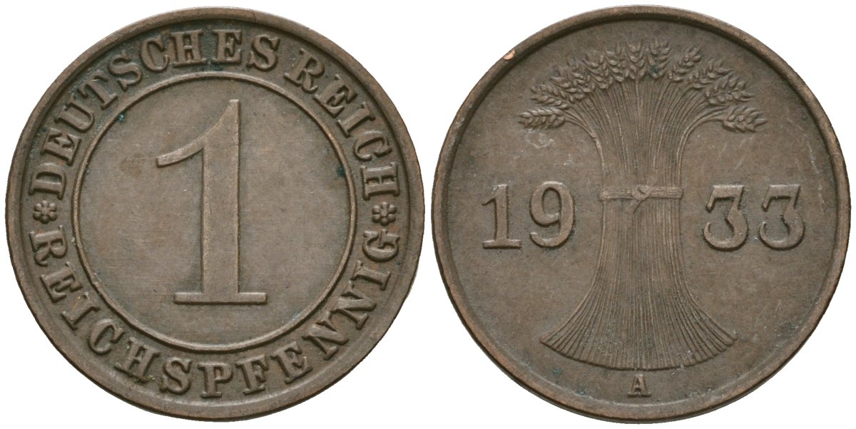 Германия 1 рейхспфенниг 1933 A KM 37, J. 313 бронза 4189-1219