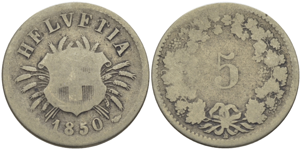 ШВЕЙЦАРИЯ 5 РАППЕНОВ 1850 ВВ KM 5 серебро 26-563