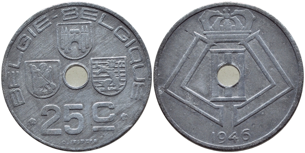 БЕЛЬГИЯ 25 САНТИМОВ 1946 BELGIE-BELGIQUE, ГЕРМАНСКАЯ ОККУПАЦИЯ, ВТОРАЯ МИРОВАЯ ВОЙНА KM 132 цинк 86-1746