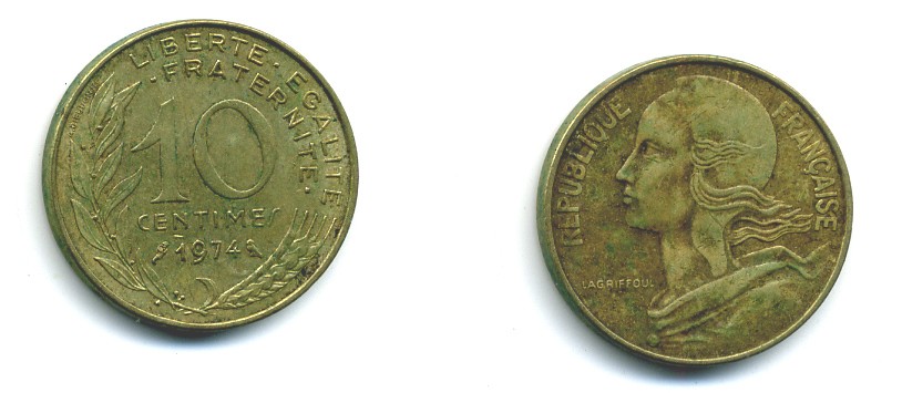 ФРАНЦИЯ 10 САНТИМОВ 1974 ТИП MARIANNE KM 929 медь алюминий никель 84-1621