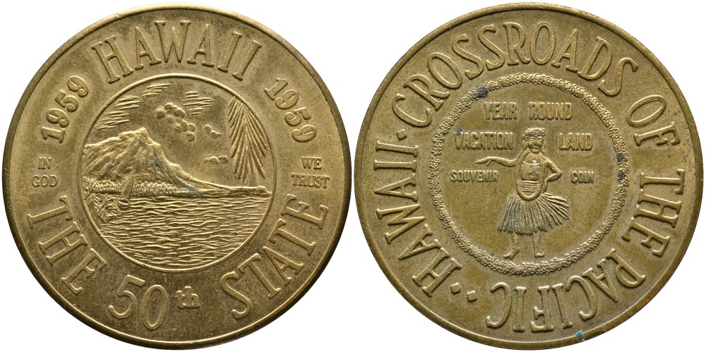 ГАВАЙИ ЖЕТОН ND 50-Й ШТАТ США, МЕСТО БЕСКОНЕЧНОГО ОТПУСКА, СУВЕНИРНЫЕ ДЕНЬГИ, ДИАМЕТР 39 ММ. жёлтый металл 4527-1033