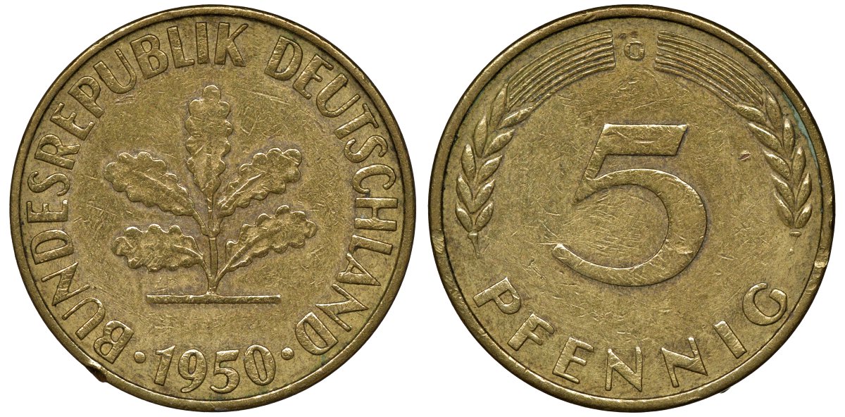 ФРГ 5 ПФЕННИГОВ 1950 G KM 107, J.382 сталь плакированная латунью 72-1119