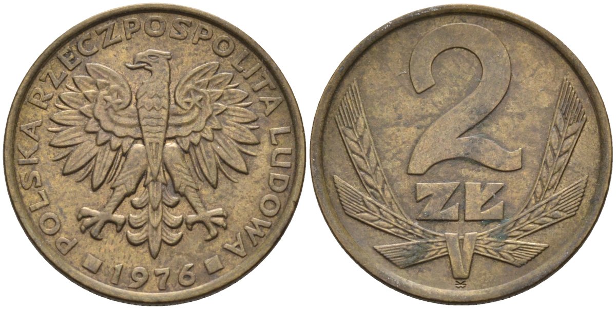 Польша 2 злотых 1976 Ленинградский монетный двор (ЛМД) KM 80.1, Parchimowicz 217b латунь 4580-733