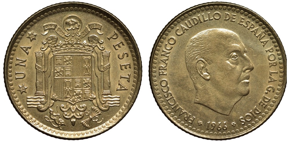 Испания 1 песета 1966 (75) Франциско Франко (1939-1975) КМ 796 алюминиевая бронза 186-915