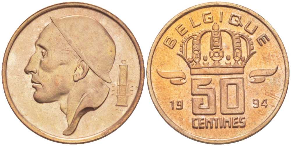 БЕЛЬГИЯ 50 САНТИМОВ 1994 BELGIQUE, БОДУЭН I (1951-1993) KM 148.1 бронза 214-661