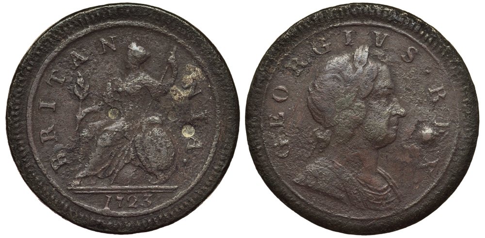 Великобритания 1/2 пенни 1723 Георг I (1714-1727) KM 557, Spink 3660 медь 1520-1214