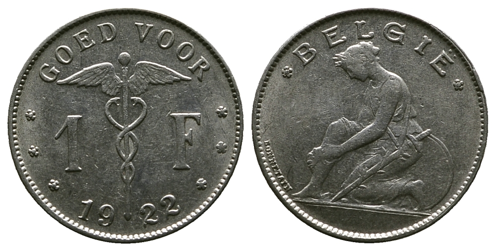 БЕЛЬГИЯ 1 ФРАНК 1922 BELGIE KM 90 никель 4384-114