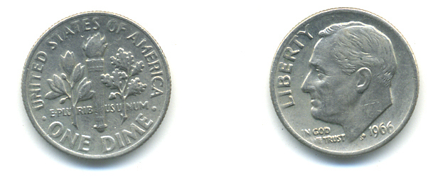 США 10 ЦЕНТОВ = 1 ДАЙМ 1966 РУЗВЕЛЬТ KM 195а медь плакированная медно-никелем 93-1117