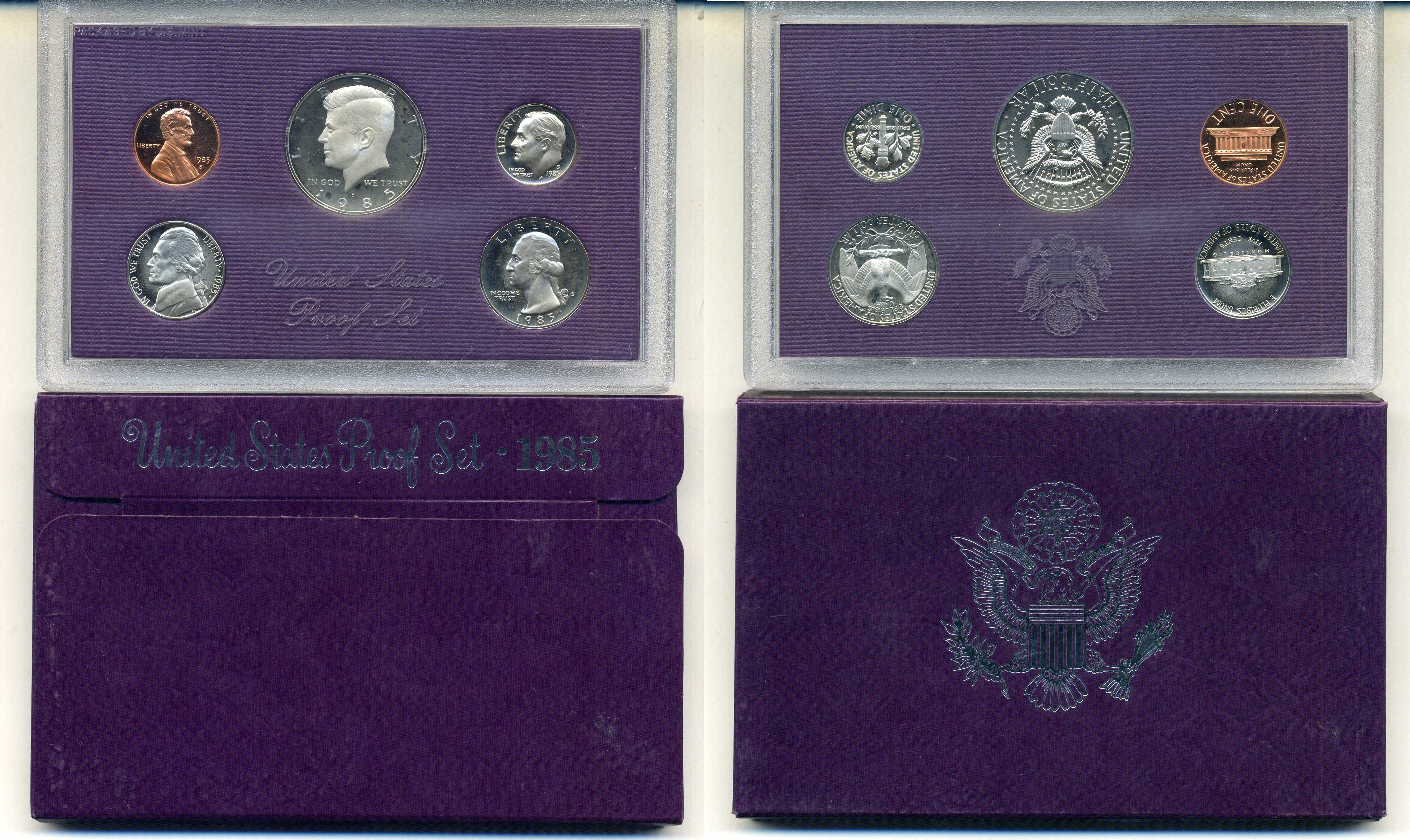 США годовой набор из 5 монет (1, 5, 10, 25 и 50 центов) 1985 в оригинальной упаковке KM PS154 (164a, A192, 195a, 201b и 202b) PROOF 8-2-02-33