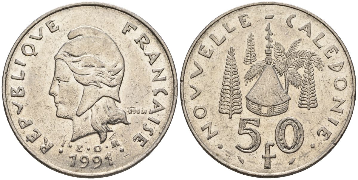 Французская Новая Каледония 50 франков 1991 хижина среди сосен и пальм, (IEOM) KM 13, Schoen 15, Lec 121 никель 4120-921