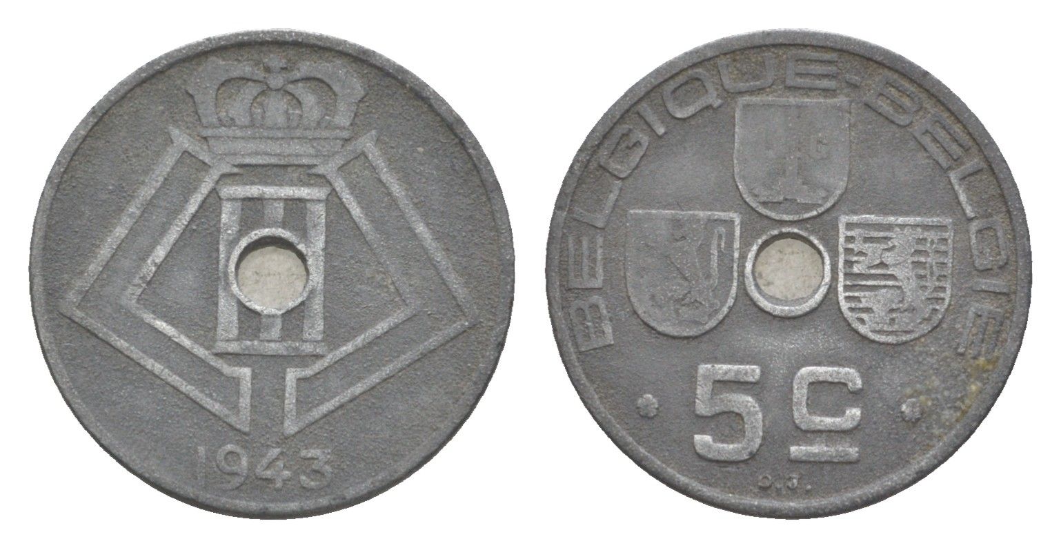 Бельгия 5 сантимов 1943 Belgique - Belgie, Леопольд III (1934-1951), германская оккупация, Вторая мировая война KM 123 цинк 4169-439