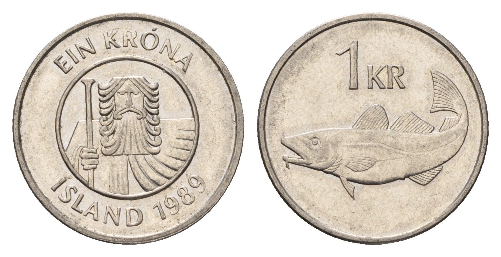 Исландия 1 крона 1989 треска KM 27a сталь плакированная никелем 4691-543