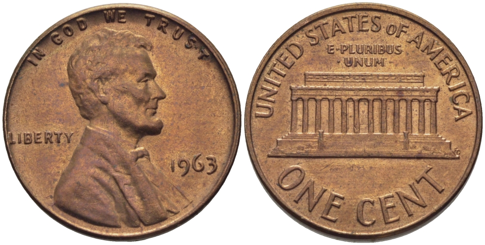 США 1 ЦЕНТ 1963 ЛИНКОЛЬН KM 201 медь цинк UNC 35-753