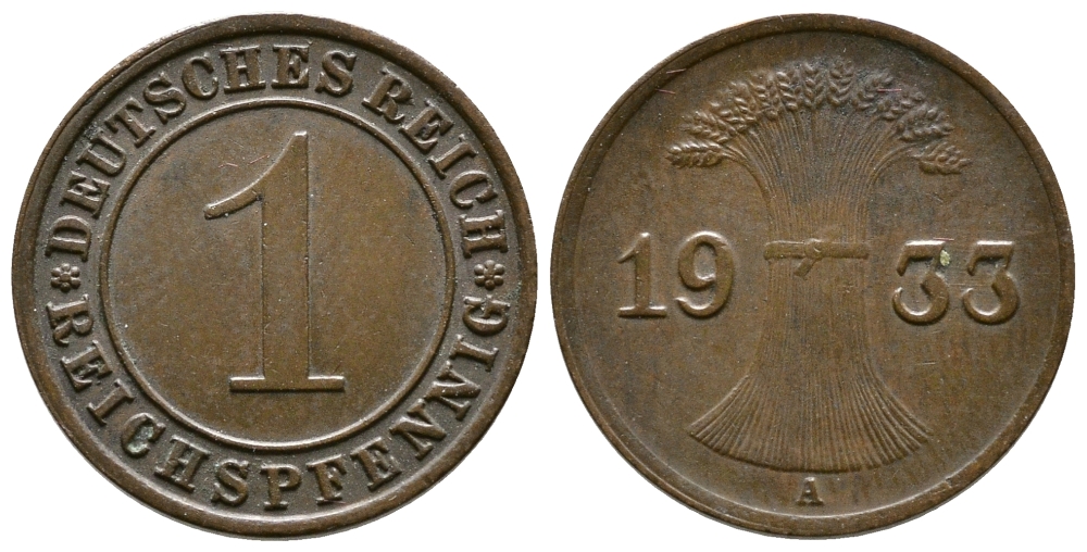 ГЕРМАНИЯ 1 РЕЙХСПФЕННИГ 1933 A KM 37, J. 313 бронза 4380-1243