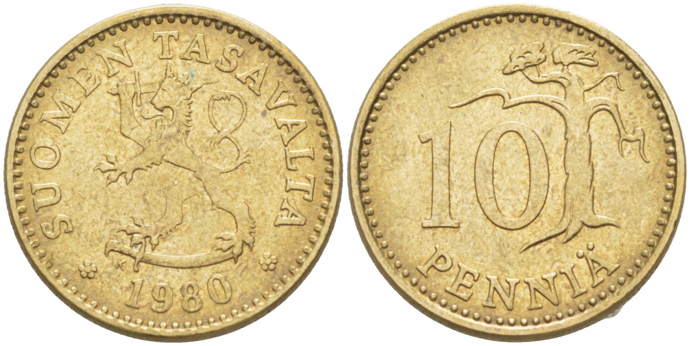 ФИНЛЯНДИЯ 10 ПЕННИ 1980 K KM 46 алюминиевая бронза 3718-137