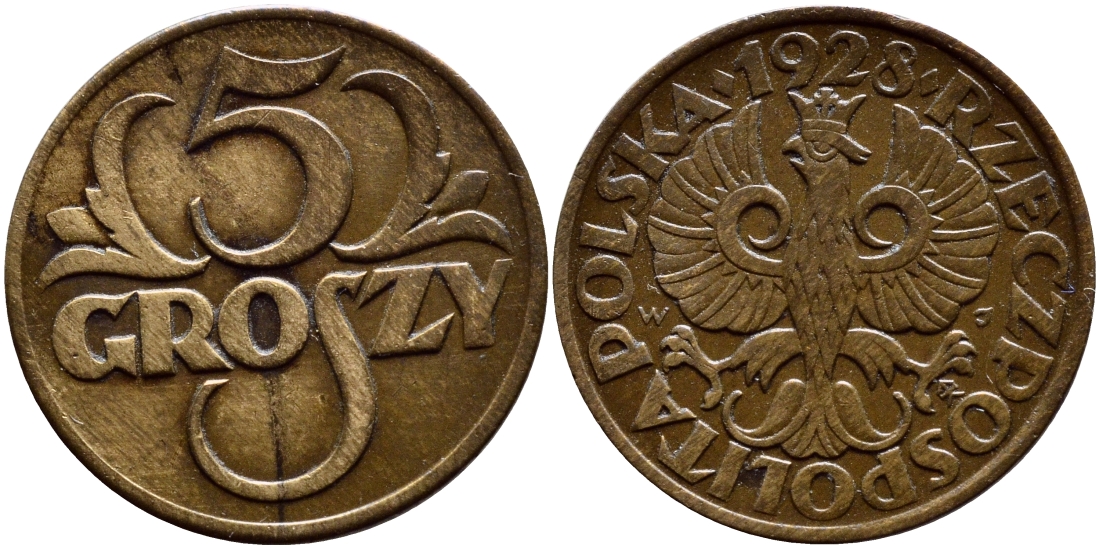 ПОЛЬША 5 ГРОШЕЙ 1928 w KM 10a бронза 26-652